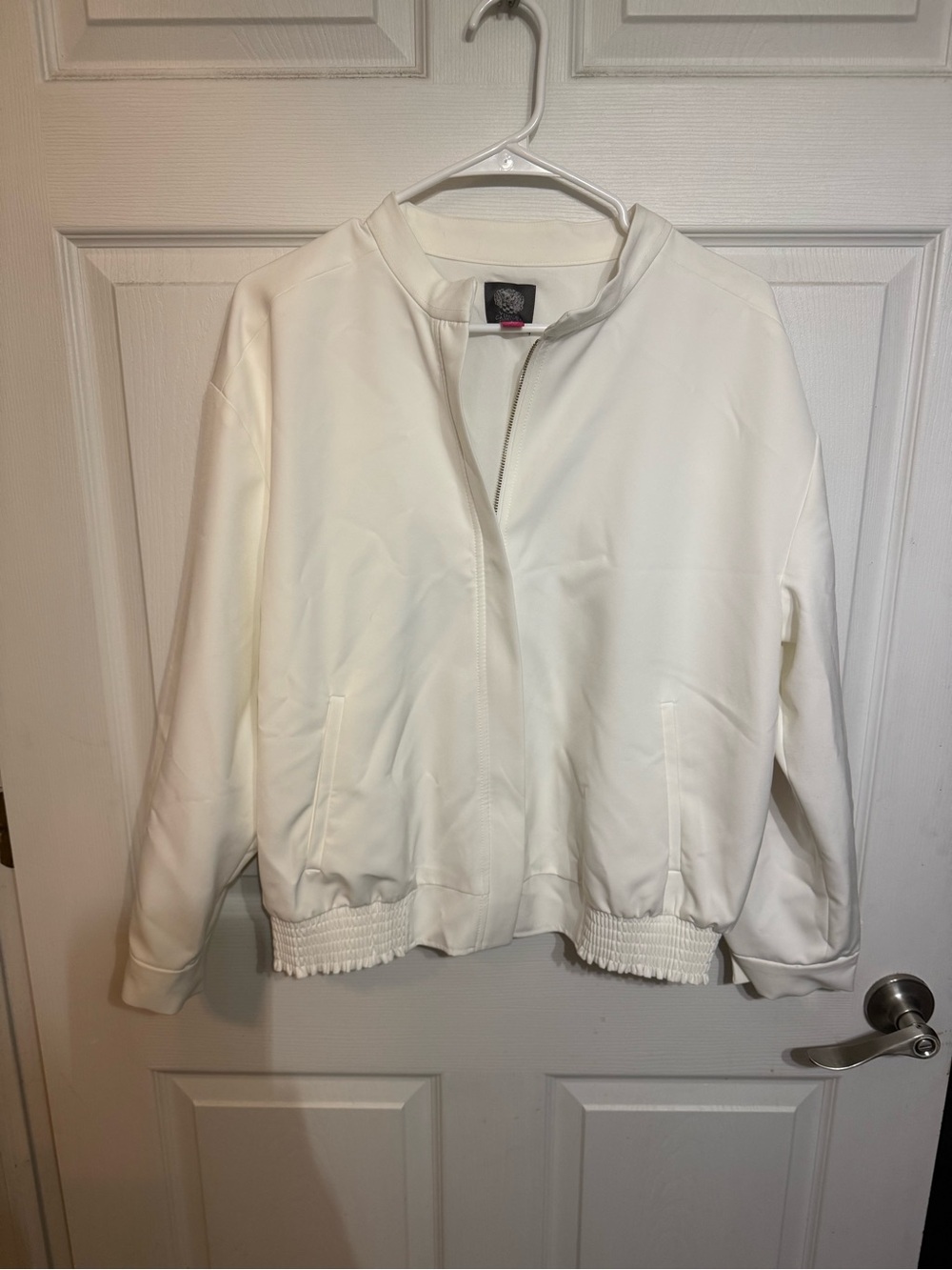 Vince Camuto White Bomber Jacket with Elastic Hem